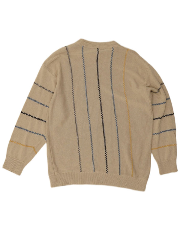 Vintage Mens Crew Neck Jumper Sweater Large Beige Striped