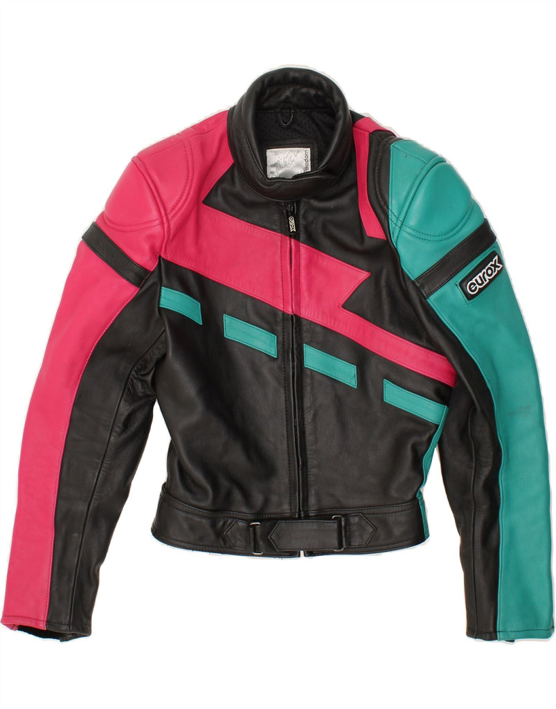 VINTAGE Womens Graphic Biker Jacket IT 40 Small Multicoloured Leather Vintage Vintage and Second-Hand Vintage from Messina Hembry 