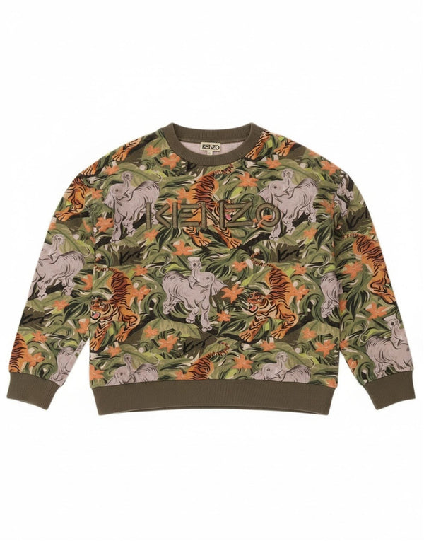 Kenzo Girls Graphic Sweatshirt Jumper 11-12 Years Khaki Animal Print Cotton