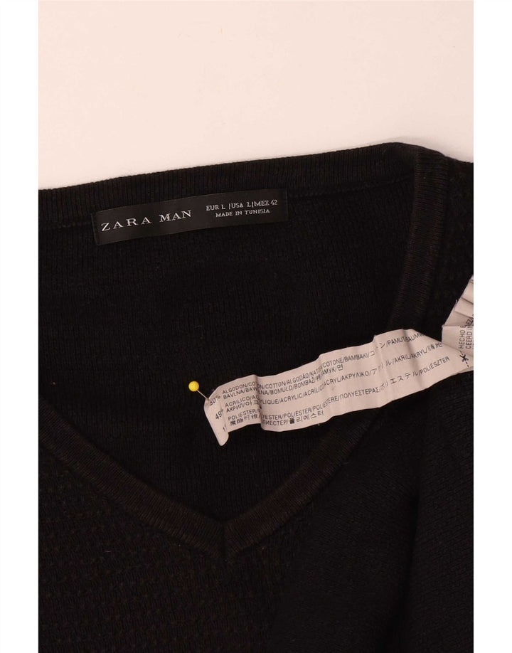 Zara Mens V-Neck Jumper Sweater Large Black Cotton