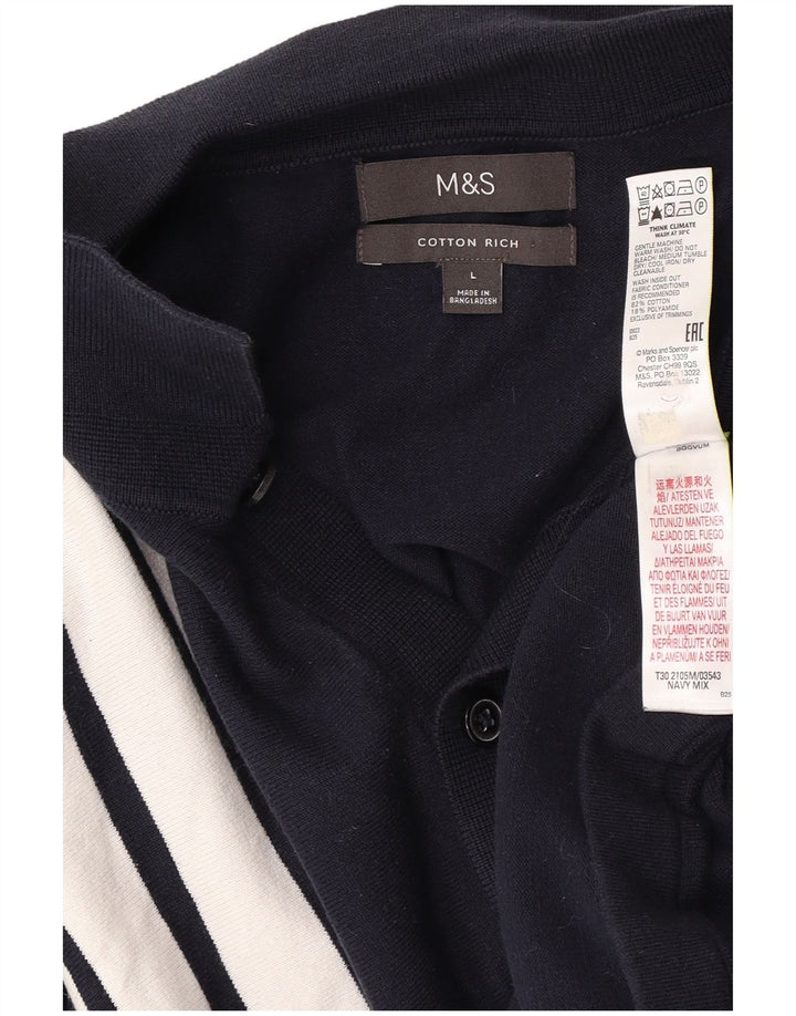 Marks & Spencer Mens Cardigan Sweater Large Navy Blue Striped Cotton
