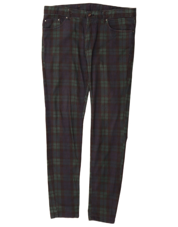 Zara Mens Slim Casual Trousers EU 44 Large W34 L32 Navy Blue Check Cotton