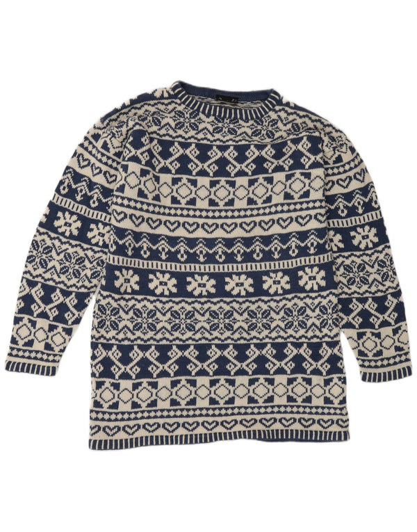 Impuls Mens Crew Neck Jumper Sweater Small Blue Fair Isle Ramie