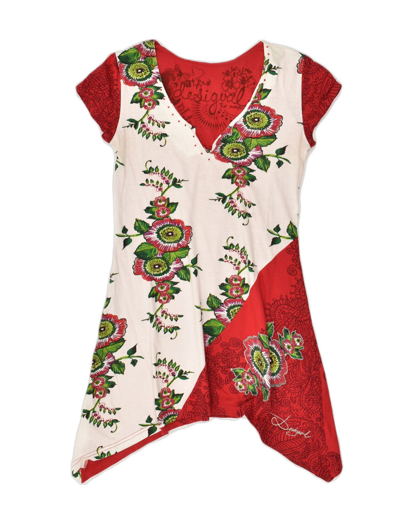 DESIGUAL Womens Tunic Top UK 12 Medium Red Floral Cotton | Vintage Desigual | Thrift | Second-Hand Desigual | Used Clothing | Messina Hembry 