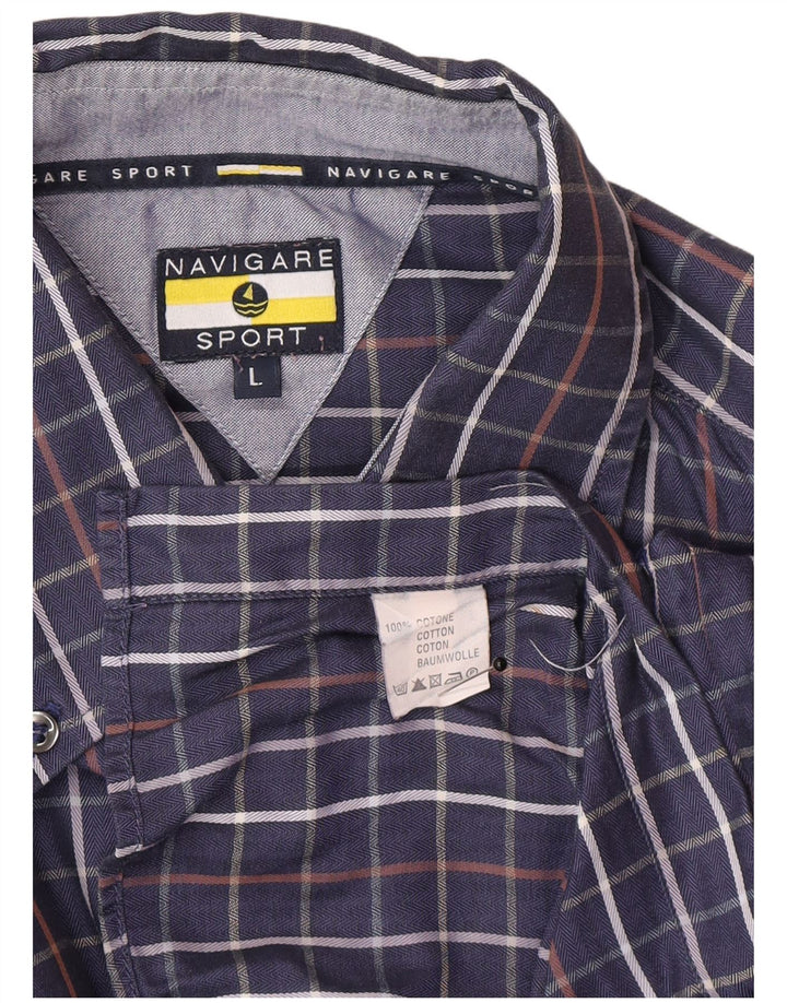 Navigare Mens Shirt Large Navy Blue Check Cotton