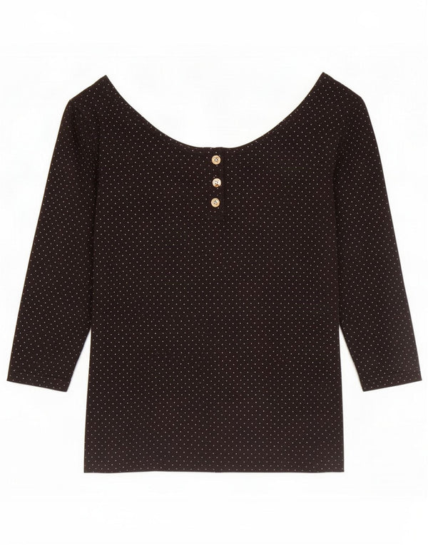 Vintage Womens 3/4 Sleeve Blouse Top UK 6 XS Black Spotted Cotton