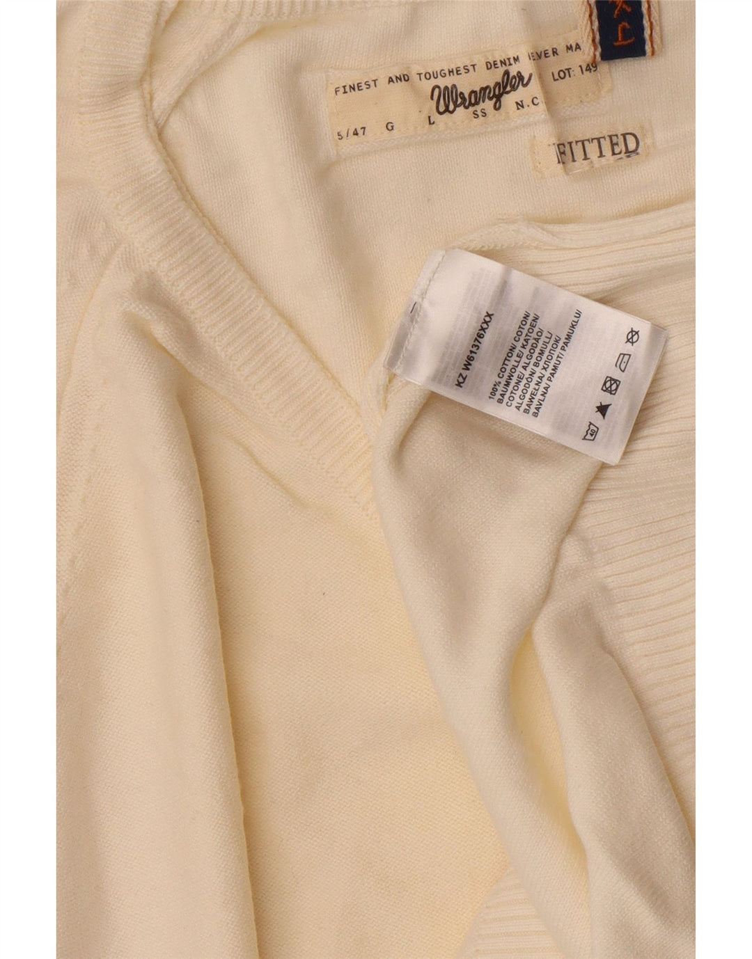WRANGLER Mens Fitted V-Neck Jumper Sweater XL Off White Cotton