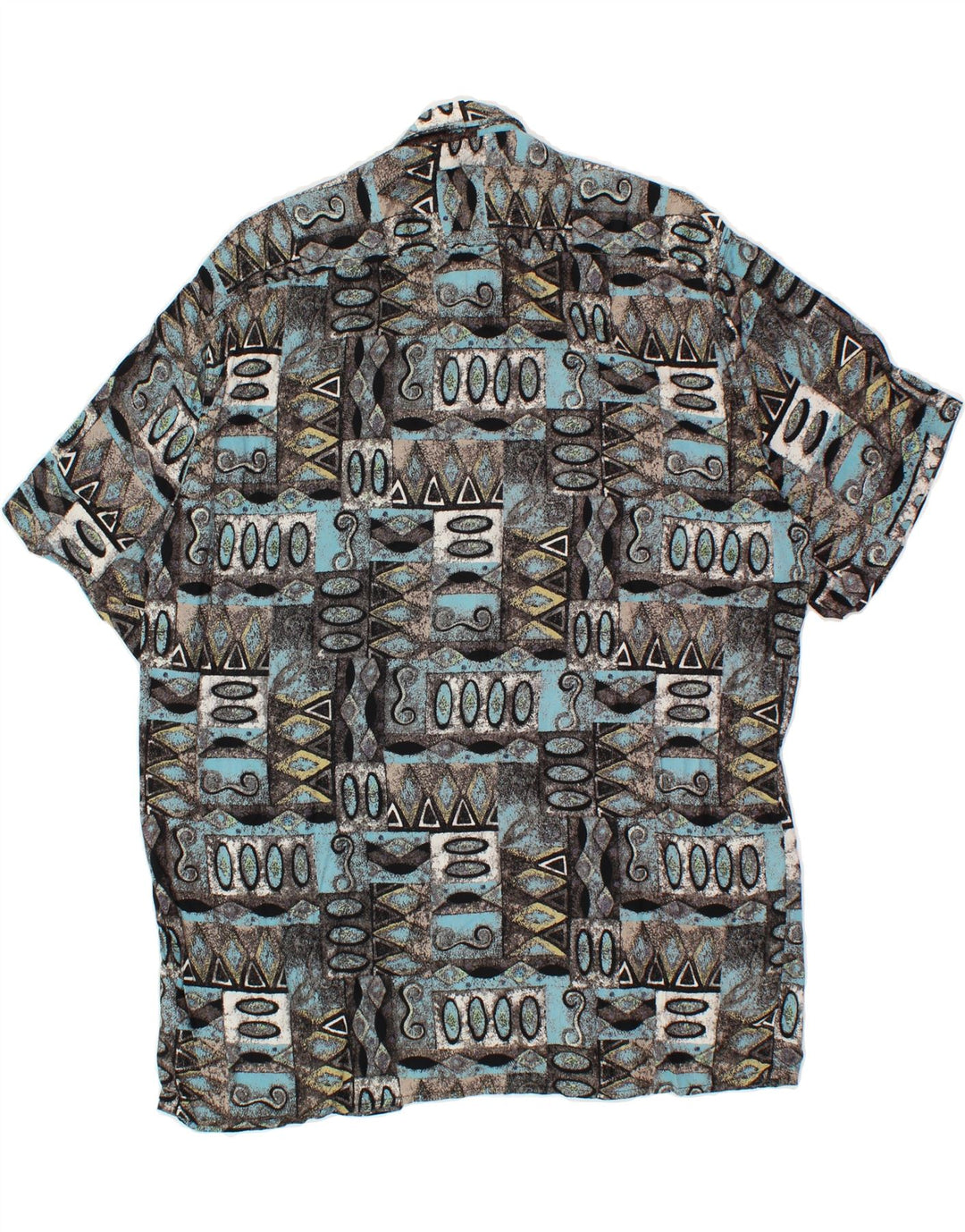 VINTAGE Mens Abstract Pattern Short Sleeve Shirt Large Blue Viscose Vintage Vintage and Second-Hand Vintage from Messina Hembry 