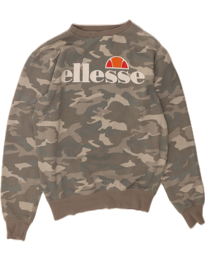 ELLESSE Womens Oversized Sweatshirt Jumper UK 8 Small Grey Camouflage Vintage Ellesse and Second-Hand Ellesse from Messina Hembry 