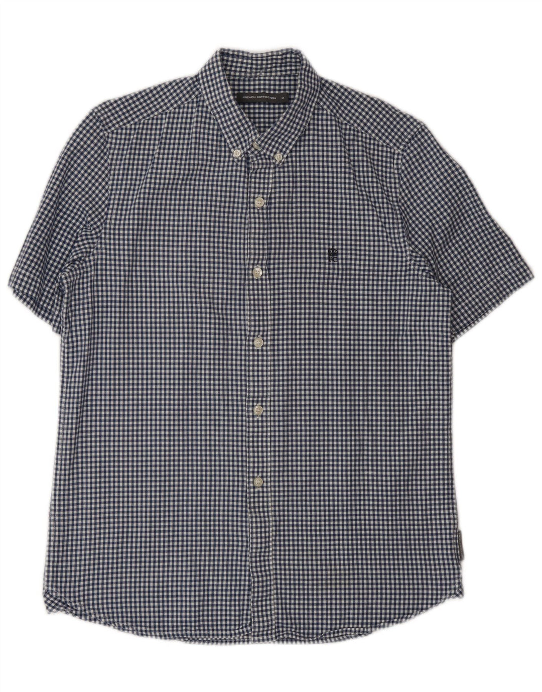 French Connection Mens Short Sleeve Shirt Medium Navy Blue Gingham Cotton