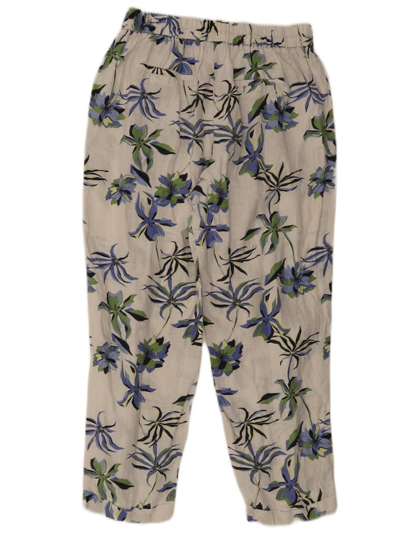 Benetton Womens Tapered Cropped Trousers Medium W28 L24 White Floral Linen