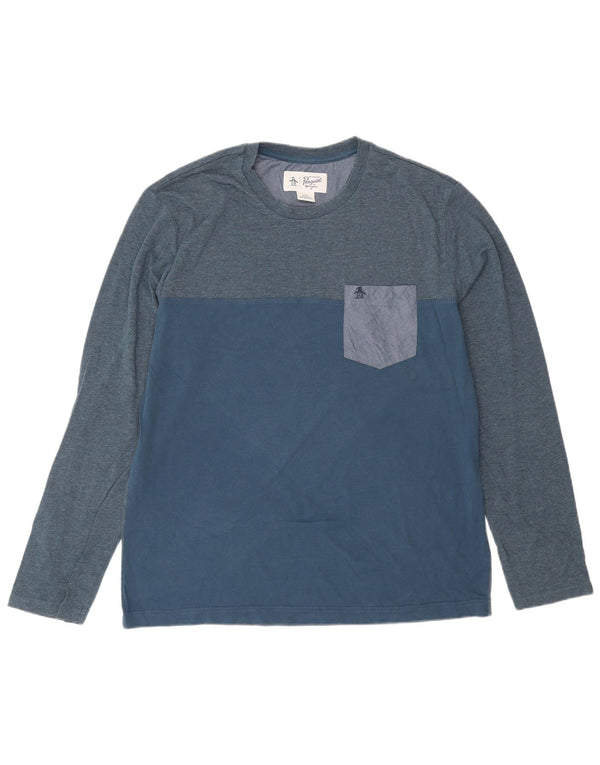 Penguin Mens Top Long Sleeve Large Blue Colourblock Cotton