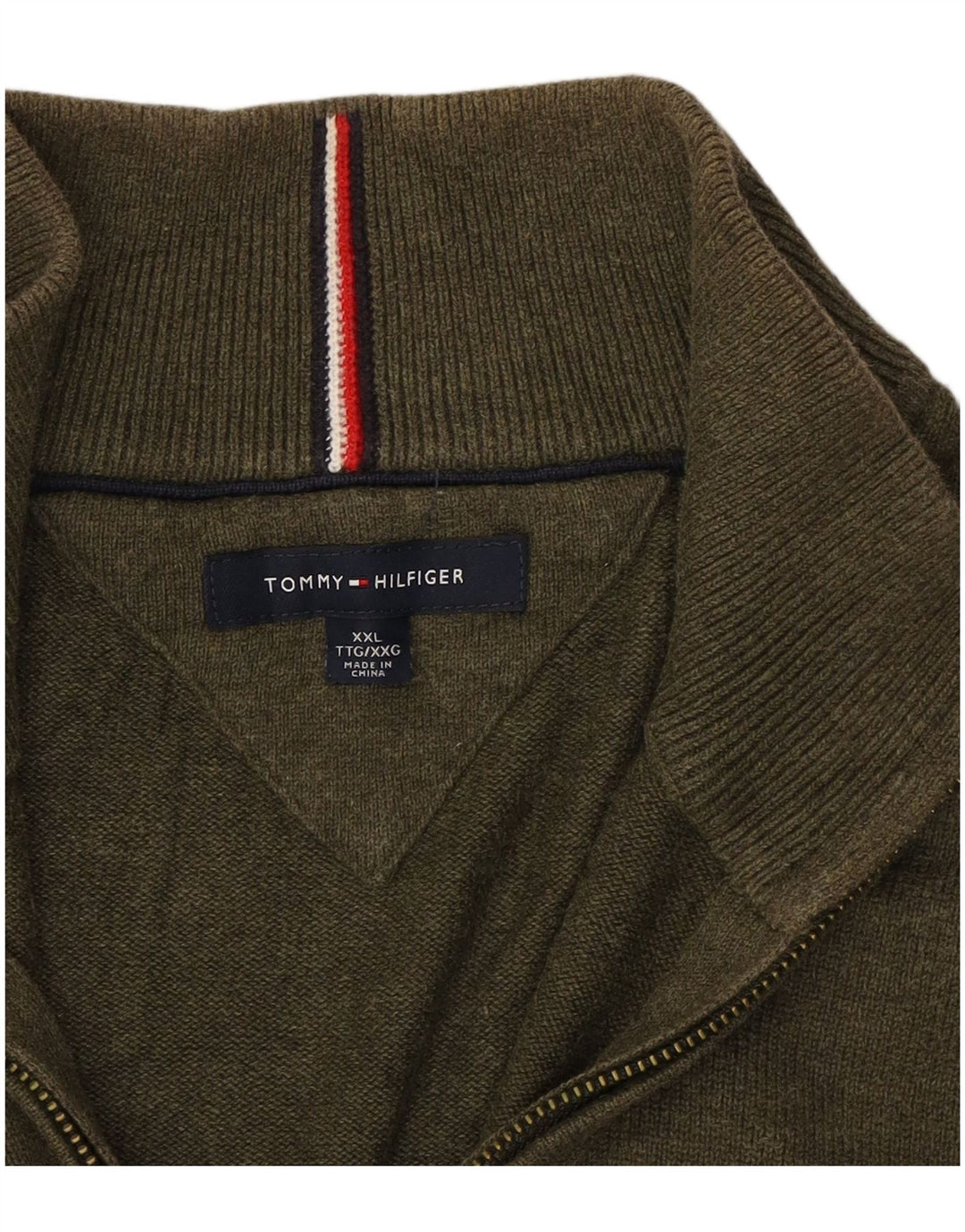 TOMMY HILFIGER Mens Zip Neck Jumper Sweater 2XL Khaki Cotton