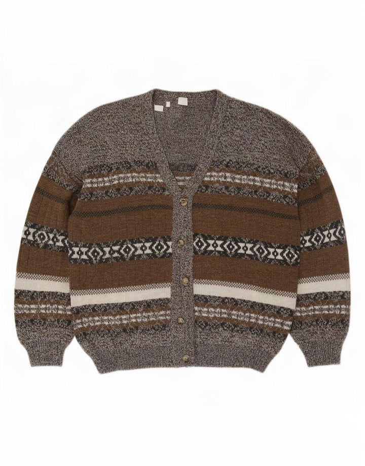 Vintage Mens Cardigan Sweater XL Grey Fair Isle