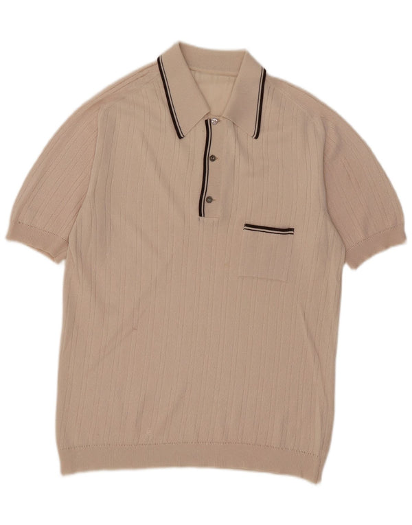 Vintage Mens Short Sleeve Polo Neck Jumper Sweater Medium Beige Striped