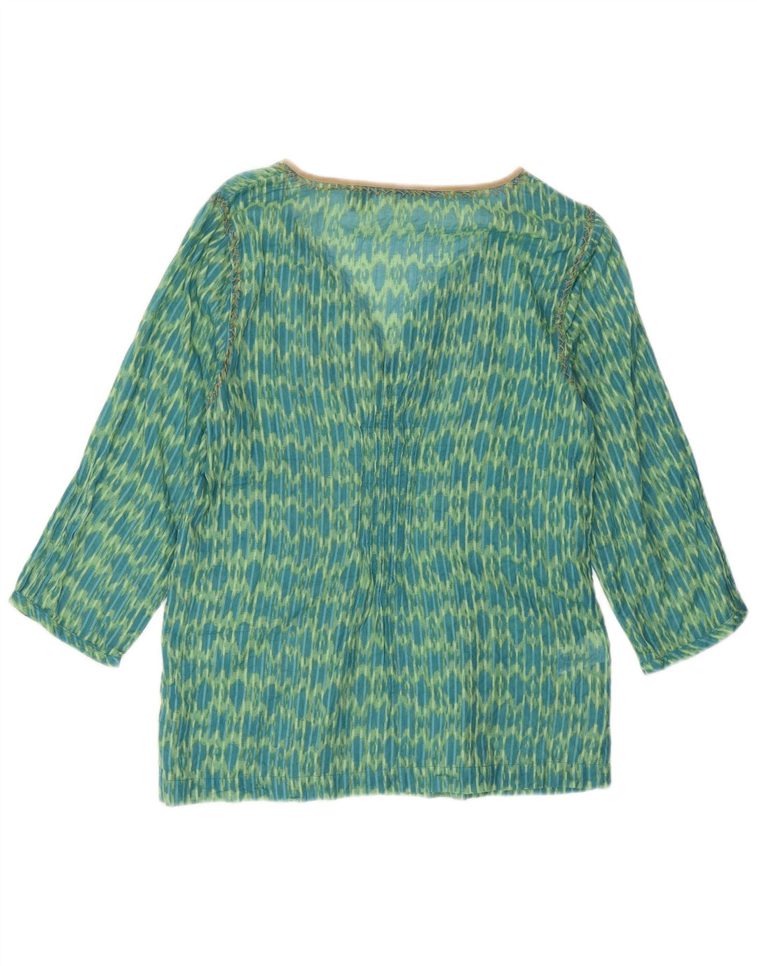 Eddie Bauer Womens 3/4 Sleeve Loose Fit Tunic Top UK 6 XS Green Ikat Cotton