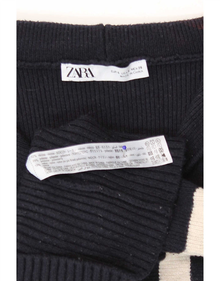 Zara Womens Crop Cardigan Sweater Small Navy Blue Striped Viscose