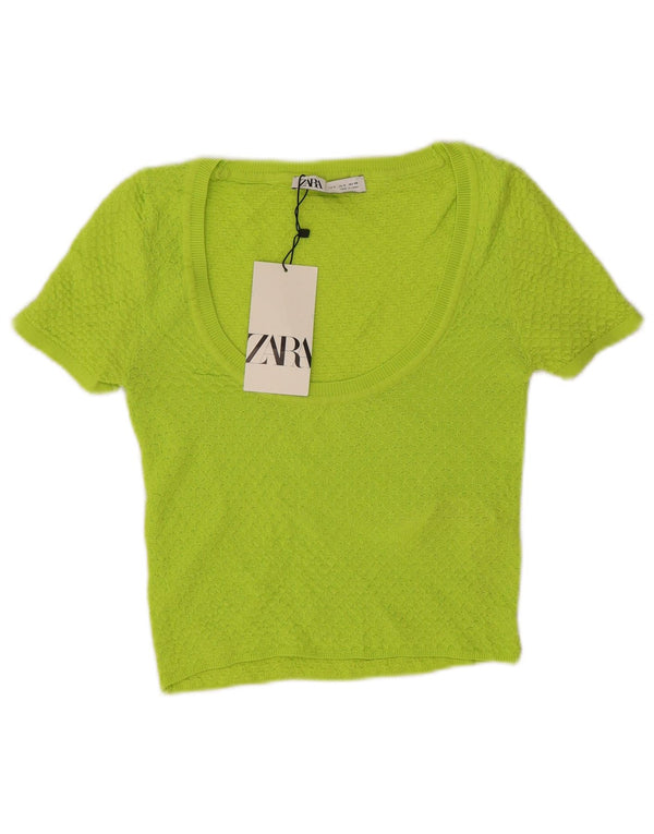 Zara Womens Crop Short Sleeve Boat Neck Jumper Sweater UK 8 Small Green