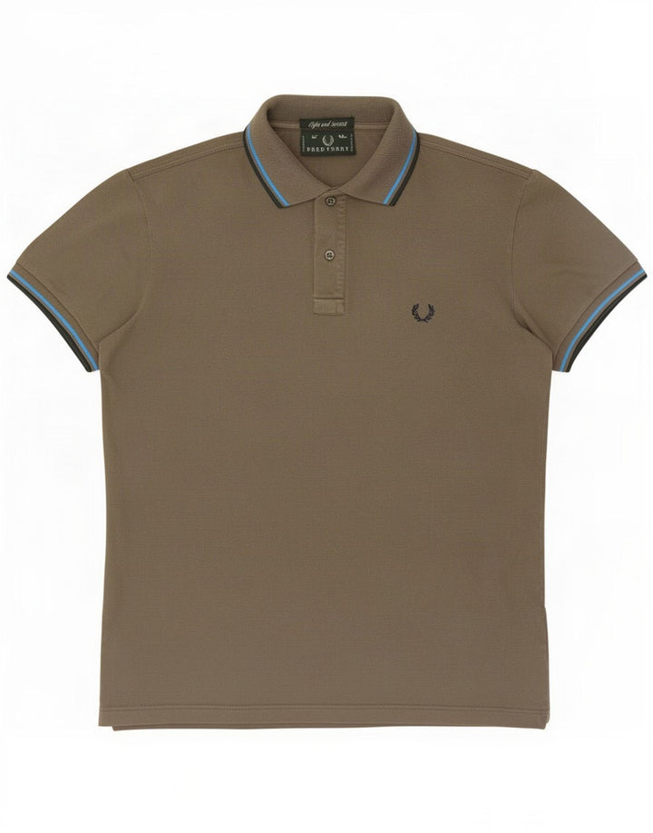 Fred Perry Mens Polo Shirt Medium Khaki Striped Cotton