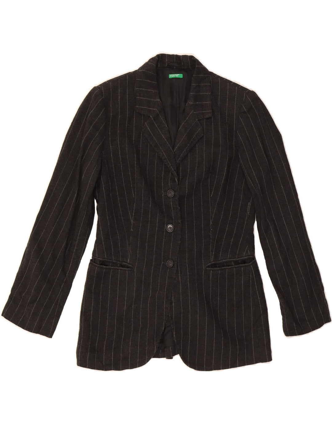 BENETTON Womens 3 Button Blazer Jacket IT 40 Small Black Pinstripe Wool Vintage Benetton and Second-Hand Benetton from Messina Hembry 
