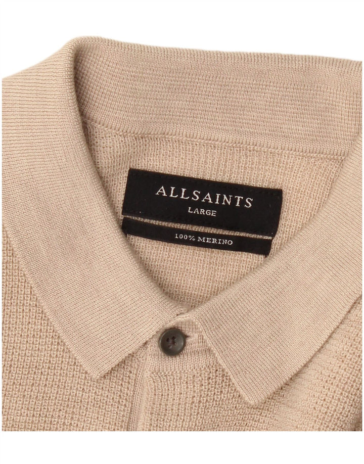 All Saints Mens Short Sleeve Polo Neck Jumper Sweater Large Beige