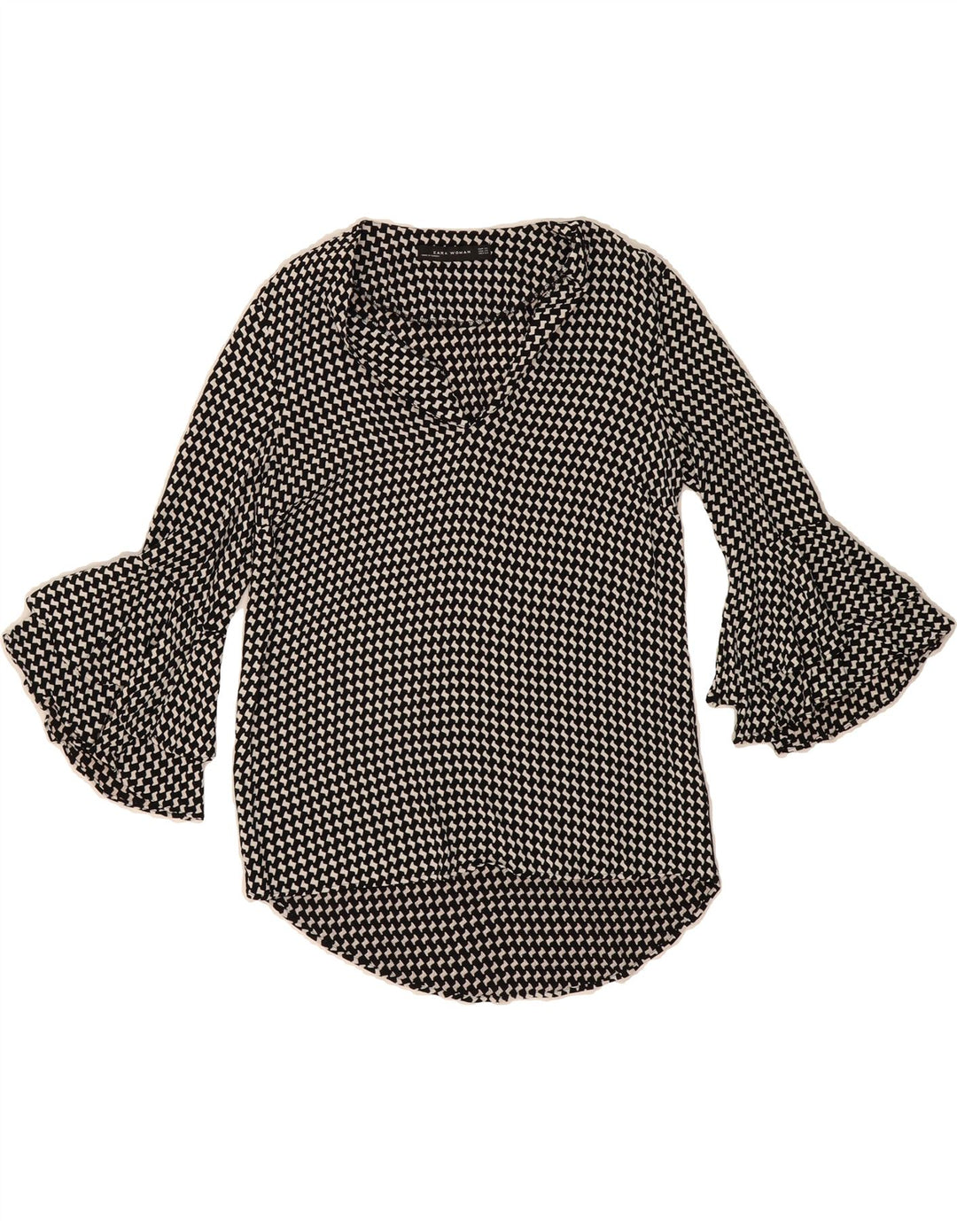 ZARA Womens Abstract Pattern 3/4 Sleeve Blouse Top UK 2 XS Black Viscose Vintage Zara and Second-Hand Zara from Messina Hembry 