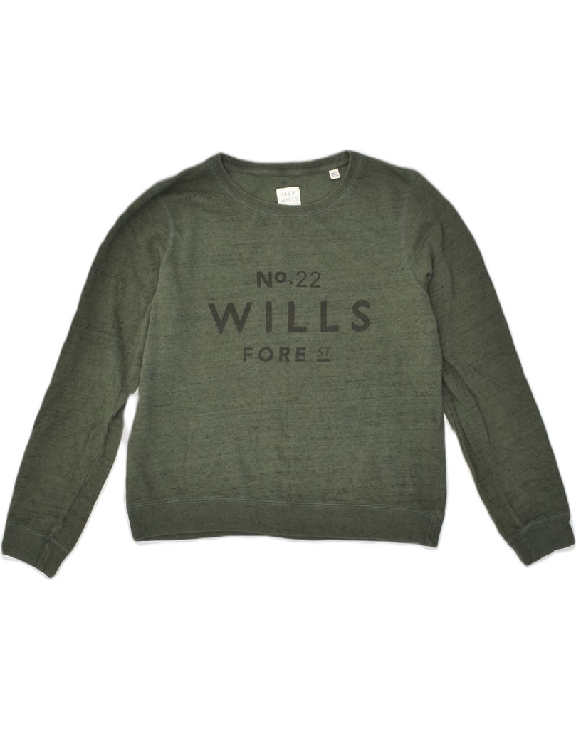 JACK WILLS Womens Graphic Sweatshirt Jumper UK 14 Large  Khaki Cotton | Vintage Jack Wills | Thrift | Second-Hand Jack Wills | Used Clothing | Messina Hembry 