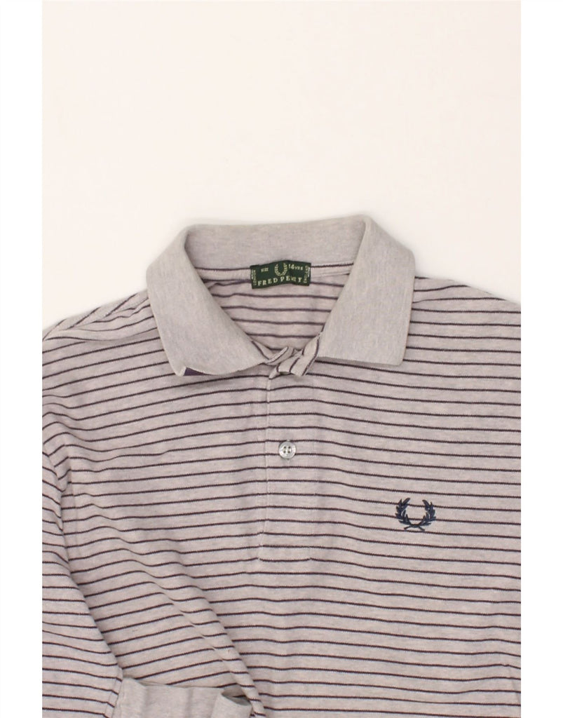 FRED PERRY Boys Long Sleeve Polo Shirt 13-14 Years Grey Striped Cotton | Vintage Fred Perry | Thrift | Second-Hand Fred Perry | Used Clothing | Messina Hembry 