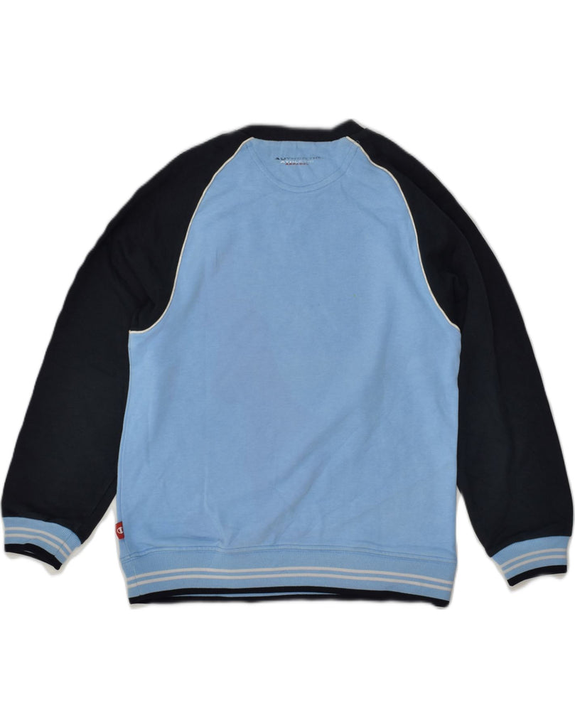 CHAMPION Boys Graphic Sweatshirt Jumper 9-10 Years Blue Colourblock Cotton | Vintage Champion | Thrift | Second-Hand Champion | Used Clothing | Messina Hembry 