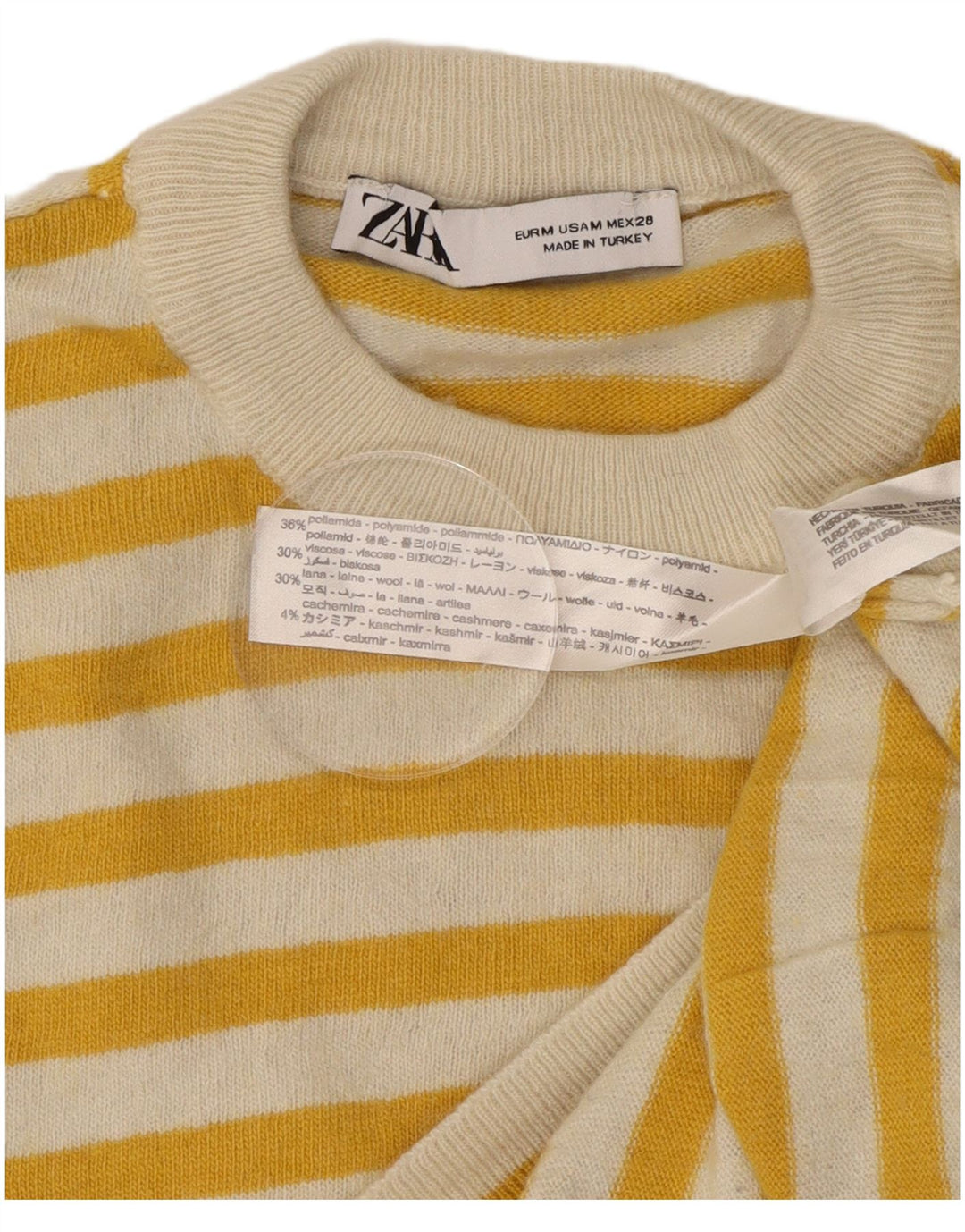 Zara Womens Crew Neck Jumper Sweater UK 14 Medium Yellow Striped Polyamide