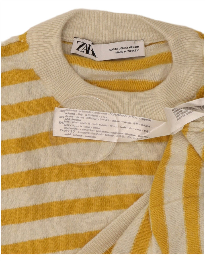 Zara Womens Crew Neck Jumper Sweater UK 14 Medium Yellow Striped Polyamide