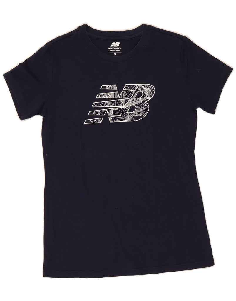 NEW BALANCE Womens Graphic T-Shirt Top UK 10 Small Navy Blue Vintage New Balance and Second-Hand New Balance from Messina Hembry 
