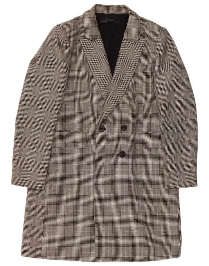 Zara Womens Double Breasted Coat UK 16 Large Grey Check Polyester