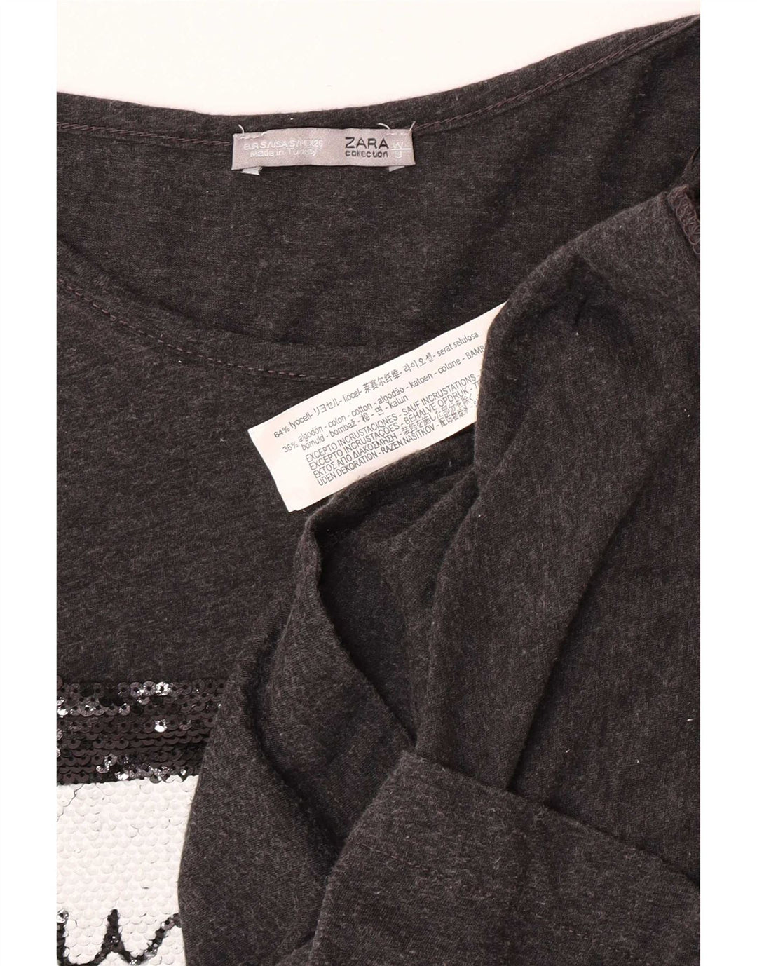 Zara Womens Graphic Top 3/4 Sleeve UK 10 Small Grey Lyocell