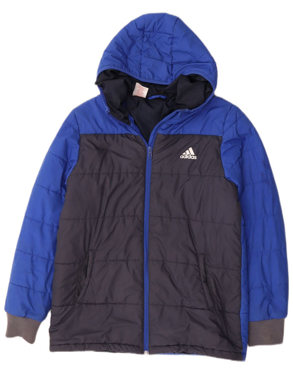 Adidas Boys Hooded Padded Jacket 13-14 Years Blue Colourblock Polyester