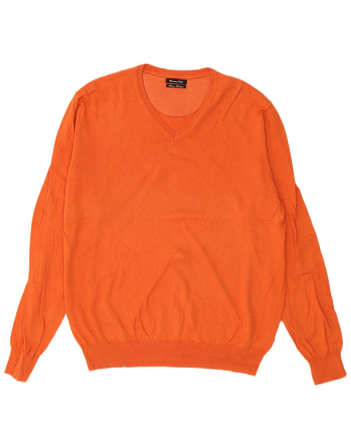 Massimo Dutti Mens V-Neck Jumper Sweater Large Orange Cotton