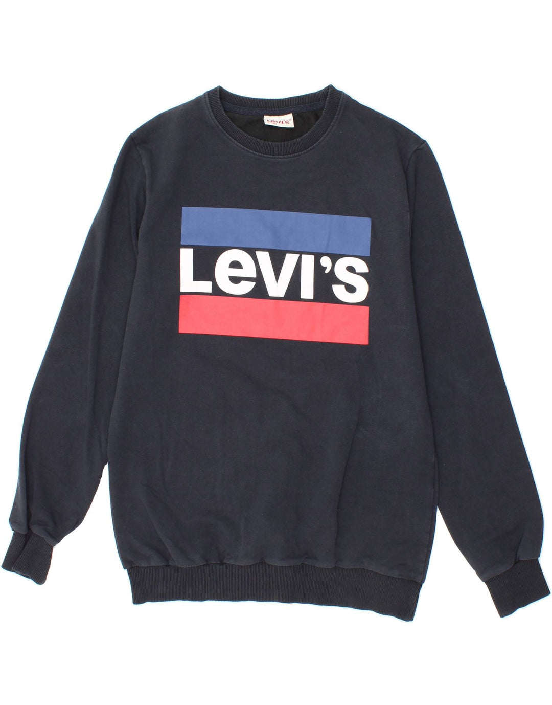 LEVI'S Womens Graphic Sweatshirt Jumper UK 10 Small Navy Blue Cotton Vintage Levi's and Second-Hand Levi's from Messina Hembry 