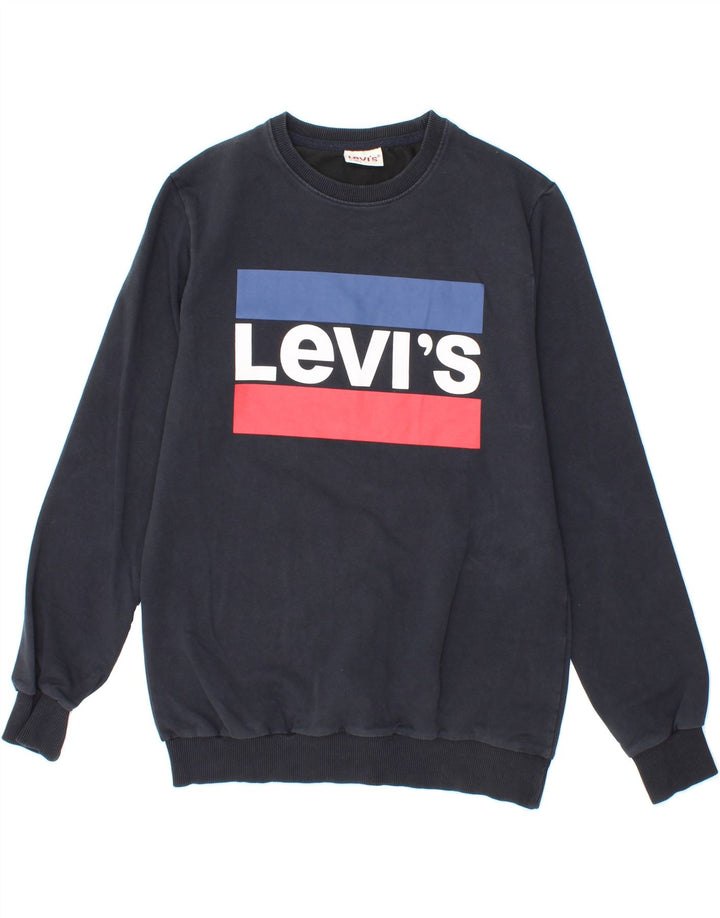 LEVI'S Womens Graphic Sweatshirt Jumper UK 10 Small Navy Blue Cotton Vintage Levi's and Second-Hand Levi's from Messina Hembry 