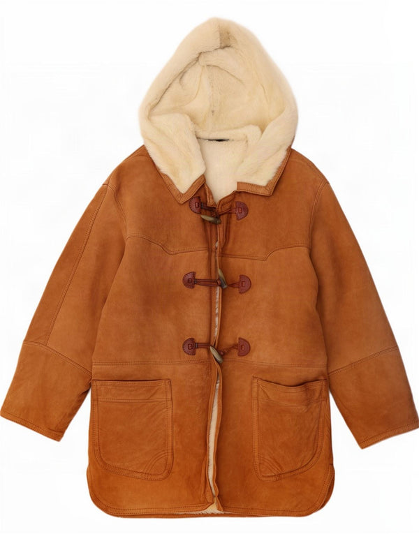 Vintage Womens Hooded Duffle Shearling Coat IT 44 Medium Brown