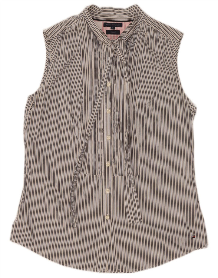 Tommy Hilfiger Womens Sleeveless Front Tie Shirt US 8 Medium Grey Pinstripe