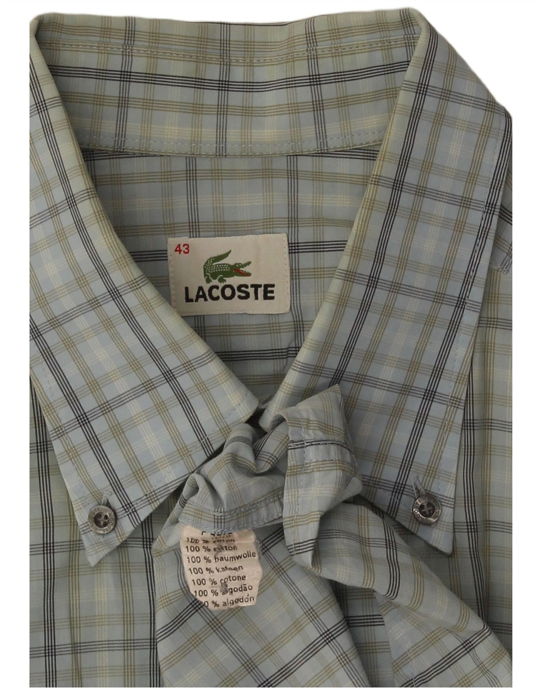 Lacoste Mens Short Sleeve Shirt Size 43 Large Blue Check Cotton