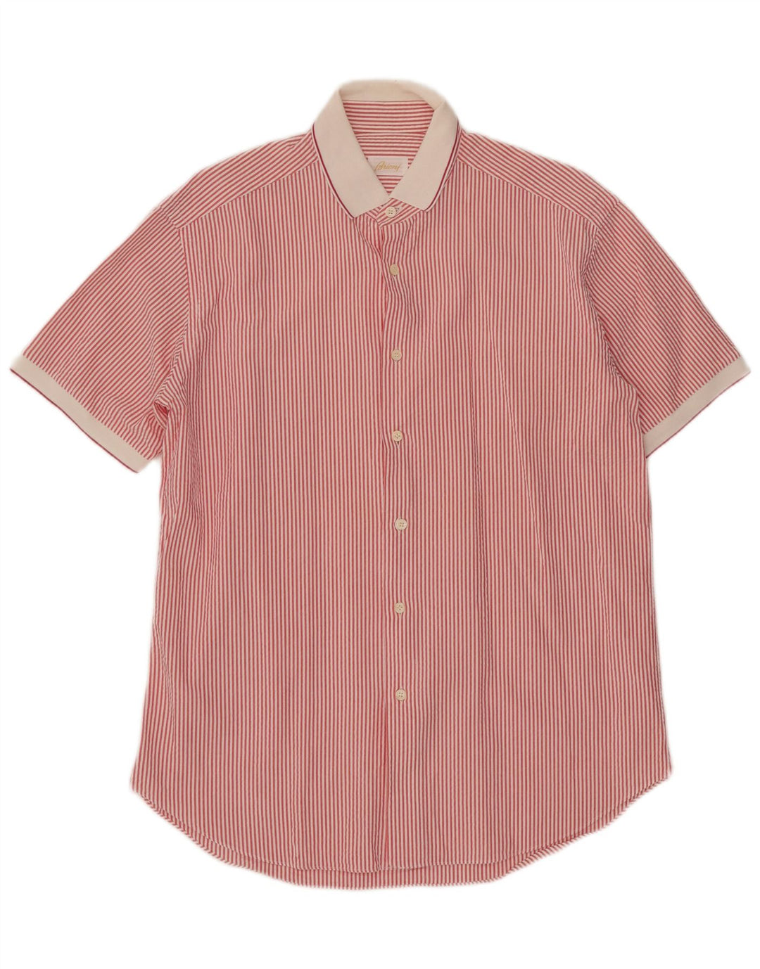 Brioni Mens Short Sleeve Shirt Medium Red Pinstripe Cotton