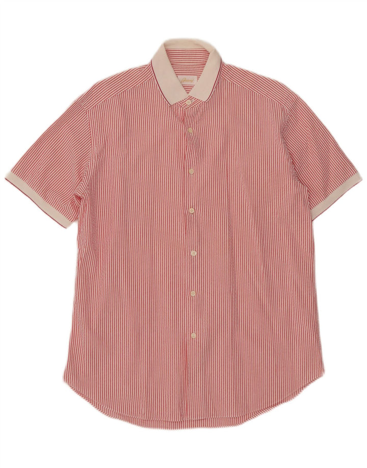 Brioni Mens Short Sleeve Shirt Medium Red Pinstripe Cotton