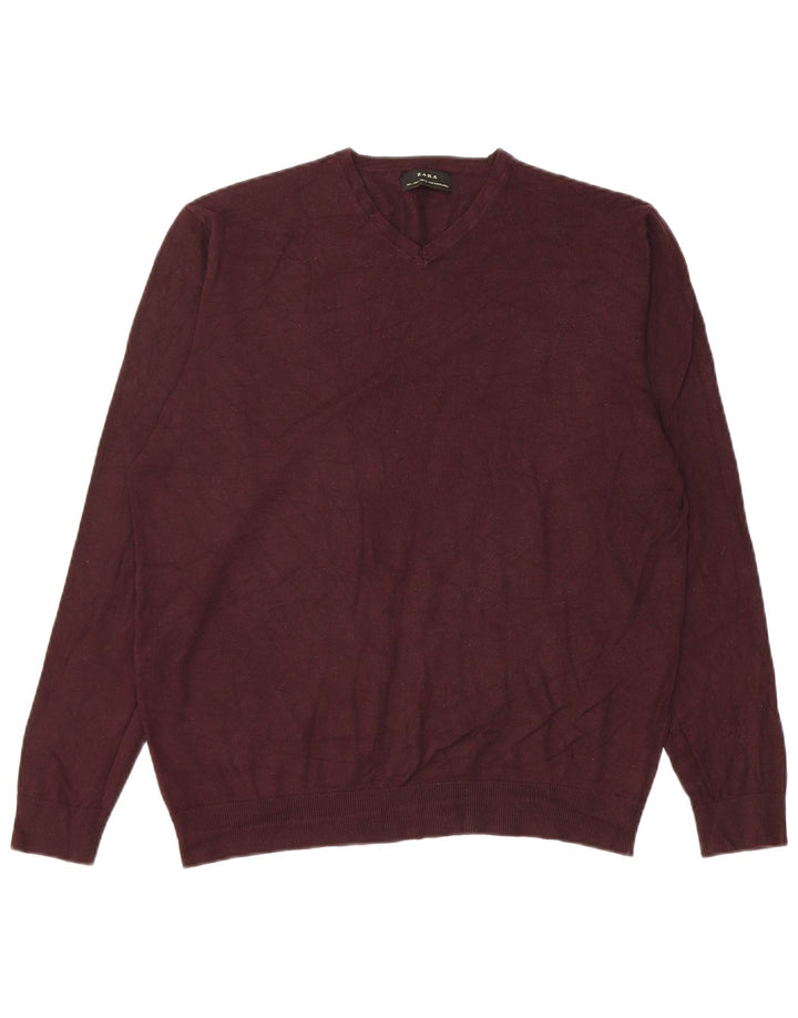 Zara Mens V-Neck Jumper Sweater Large Burgundy Viscose