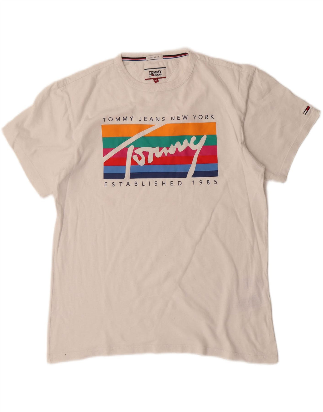 TOMMY HILFIGER Womens Regular Fit Graphic T-Shirt Top UK 14 Medium White Vintage Tommy Hilfiger and Second-Hand Tommy Hilfiger from Messina Hembry 