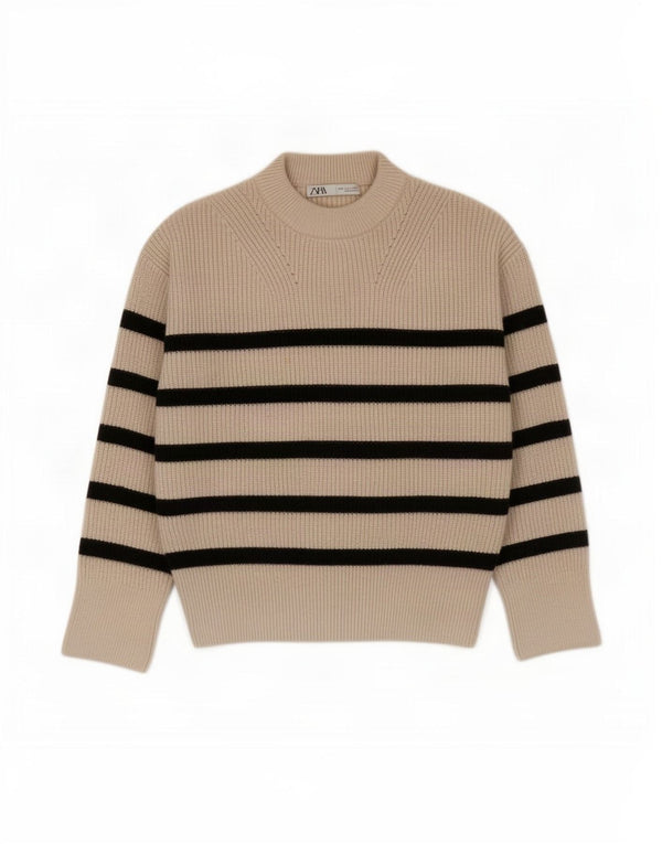 Zara Womens Oversized Turtle Neck Jumper Sweater UK 10 Small Beige Striped