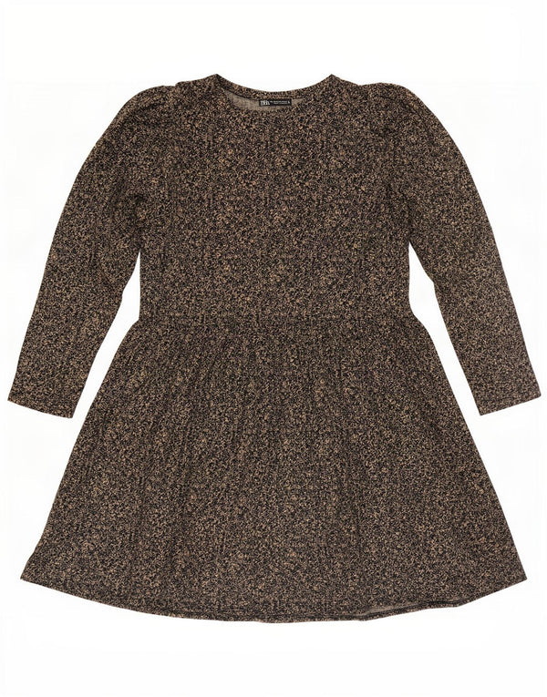 Zara Womens Long Sleeve Basic Dress UK 14 Medium Brown Floral Polyester