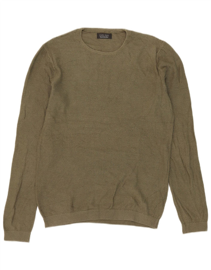 Zara Mens Crew Neck Jumper Sweater Medium Khaki
