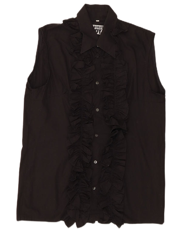 Vintage Womens Sleeveless Ruffle Front Shirt UK 18 XL Black