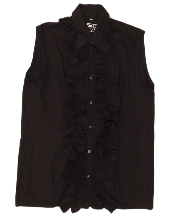 Vintage Womens Sleeveless Ruffle Front Shirt UK 18 XL Black